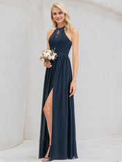 Dark Navy Chiffon A Line Halter Neck Sleeveless Floor Length Bridesmaid Dress