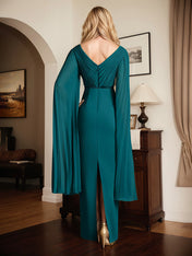 Peacock Chiffon V Neck Cape Sleeves Floor Length Dress With Pleated