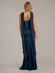 Navy Sheath/Column Satin Off The Shoulder Sleeveless Floor Length Dress
