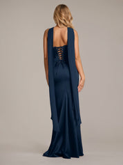 Navy Sheath/Column Satin Off The Shoulder Sleeveless Floor Length Dress