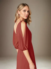 A Line Chiffon V Neck 1/2 Sleeves Floor Length Pleated Mother of the Bride Dresses