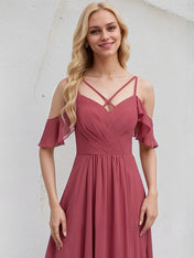 Cinnamon Rose Chiffon A Line Spaghetti Straps Floor Length Bridesmaid Dress