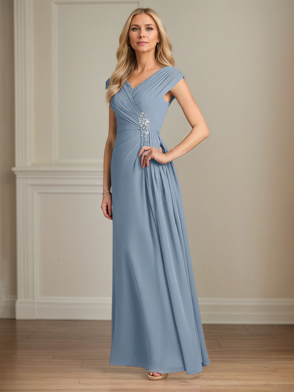 A Line Chiffon V Neck Cap Sleeves Floor Length Mother of the Bride Dresses