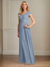 A Line Chiffon V Neck Cap Sleeves Floor Length Mother of the Bride Dresses