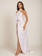 Blushing Pink Satin Sheath/Column Halter Neck Floor Length Sleeveless Bridesmaid Dress