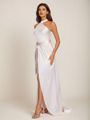 Blushing Pink Satin Sheath/Column Halter Neck Floor Length Sleeveless Bridesmaid Dress