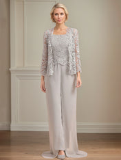 Chiffon Square Neck Sleeveless Floor Length Pleated Mother of the Bride Pantsuits