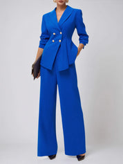 Women Blue Buckle Lapel Collar Long Sleeve Coat With Pants Two-Piece Set