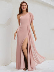 Dusty Rose Chiffon A Line One Shoulder Floor Length Bridesmaid Dress With Ruffle