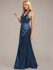 Navy Blue A-Line Halter Floor-Length Satin Bridesmaid Dress With Ruched