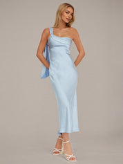 Blue Sheath/Column Satin One Shoulder Sleeveless Ankle Length Dresses