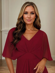 A Line V Neck 1/2 Sleeve Floor Length Chiffon Mother of the Bride Dress