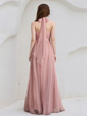 Dusty Rose A-Line Halter Neck Floor-Length Tulle Bridesmaid Dress