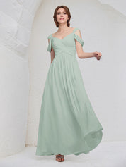 Sage Chiffon A Line V Neck Sleeveless Floor Length Pleated Bridesmaid Dress
