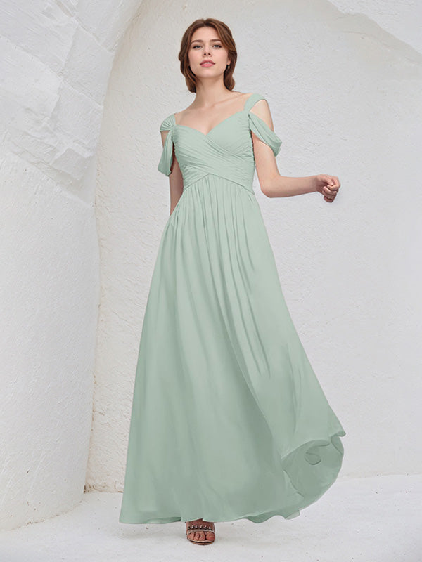 Sage Chiffon A Line V Neck Sleeveless Floor Length Pleated Bridesmaid Dress