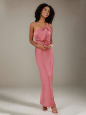 Rose Pink Satin Sheath/Column One Shoulder Ankle Length Bridesmaid Dresses