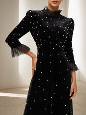 Black Beaded Ruffled Mock Neck Three Quarter Sleeve A-Line Maxi Velvet Dress