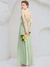 Mint Green Chiffon A Line Square Neck Sleeveless Floor Length Bridesmaid Dress with Ruffle
