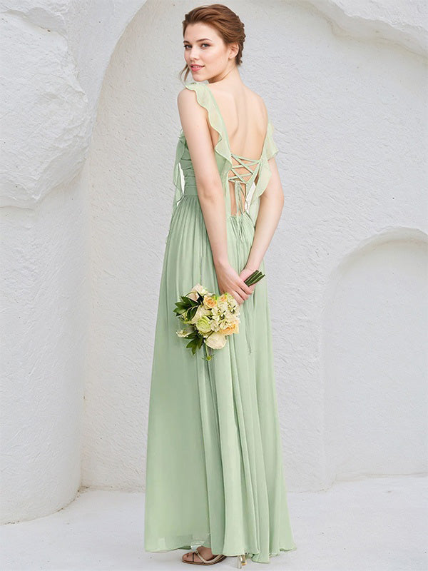 Mint Green Chiffon A Line Square Neck Sleeveless Floor Length Bridesmaid Dress with Ruffle