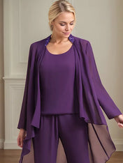 Chiffon Scoop Neck Long Sleeves Floor Length Mother Of The Bride Pantsuits