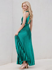 Peacock A Line Satin Halter Neck Sleeveless Floor Length Dress