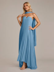 Blue A Line Satin Off The Shoulder Sleeveless Floor Length Dresses