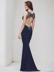 Navy Chiffon Spaghetti Straps Sleeveless Floor Length Bridesmaid Dress With Beadings