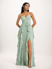 Dusty Sage A-Line V-Neck Ruffles Floor-Length Chiffon Bridesmaid Dress