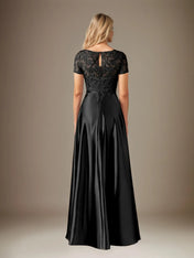 A Line Satin Scoop Neck Short Sleeves Floor Length Dress With Appliques