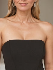 Black Stretch Crepe Off the Shoulder Sleeveless Ankle Length Dress With 3D Flower