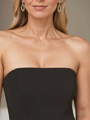 Black Stretch Crepe Off the Shoulder Sleeveless Ankle Length Dress With 3D Flower