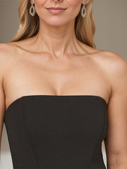 Black Stretch Crepe Off the Shoulder Sleeveless Ankle Length Dress With 3D Flower
