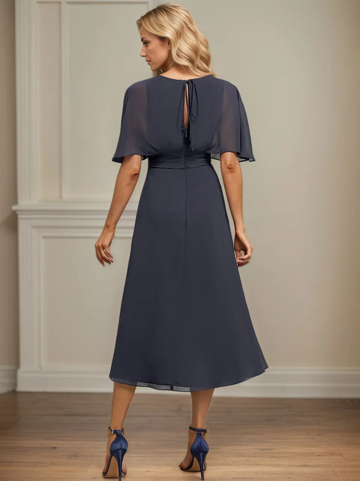 Dreamylily Women A Line V-Neck Tea-Length Chiffon Dress With Pleated