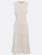 Beige Pleated Knit Crew Neck Sleeveless A-Line Midi Jersey Dress