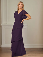 A Line V Neck Flutter Sleeve Floor Length Chiffon Mother of the Bride Dress