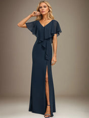 Trumpet/Mermaid V-Neck Floor-Length Chiffon Dress With Cascading Ruffles