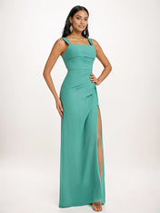 Aqua Blue Sheath/Column Chiffon Square Neck Sleeveless Floor-Length Bridesmaid Dresses