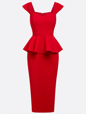 Red Peplum Square Neck Sleeveless Sheath Midi Dress