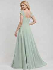 Agave Chiffon A Line Off the Shoulder Sleeveless Floor Length Bridesmaid Dress