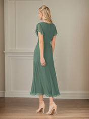 Green A Line Chiffon V Neck Short Sleeves Tea Length Mother of the Bride Dresses