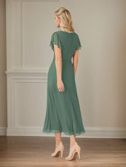 Green A Line Chiffon V Neck Short Sleeves Tea Length Mother of the Bride Dresses