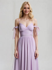 Lilac A Line Chiffon Spaghetti Straps Sleeveless Floor Length Dress With Bow