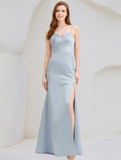 Ice Blue Satin A Line Spaghetti Straps Sleeveless Floor Length Bridesmaid Dress