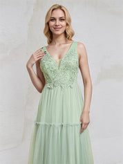 Mint Green Tulle A Line V Neck Sleeveless Floor Length Bridesmaid Dress with Applique