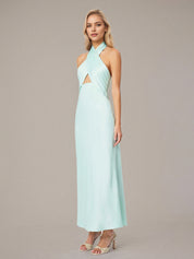 Mint Sheath/Column Satin Halter Neck Sleeveless Floor Length Dress