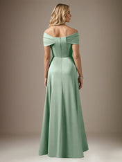 Mist Blue A Line Satin Off The Shoulder Sleeveless Floor Length Dress
