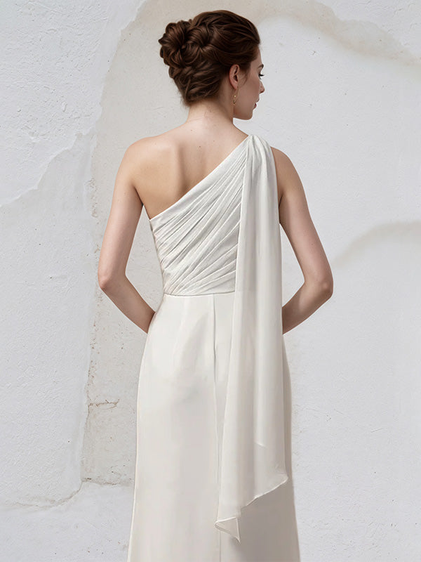 Ivory Chiffon Sheath/Column One Shoulder Sleeveless Floor Length Bridesmaid Dress