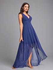Navy Blue A-Line V-neck Asymmetrical Sleeveless Chiffon Bridesmaid Dress