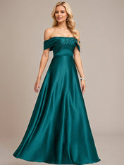 Peacock A-Line Off the Shoulder Floor-Length Satin Bridesmaid Dress