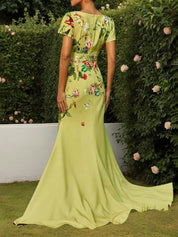 Yellow Floral Short Sleeve A-Line Gown